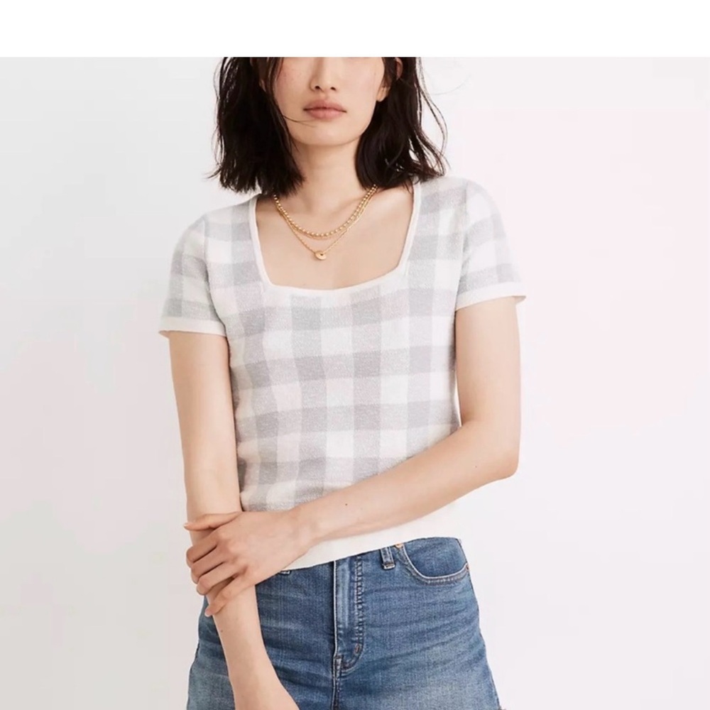 Madewell Square-Neck Preppy Country-Chic Sweater Tee Gingham Blue Ivory, Small